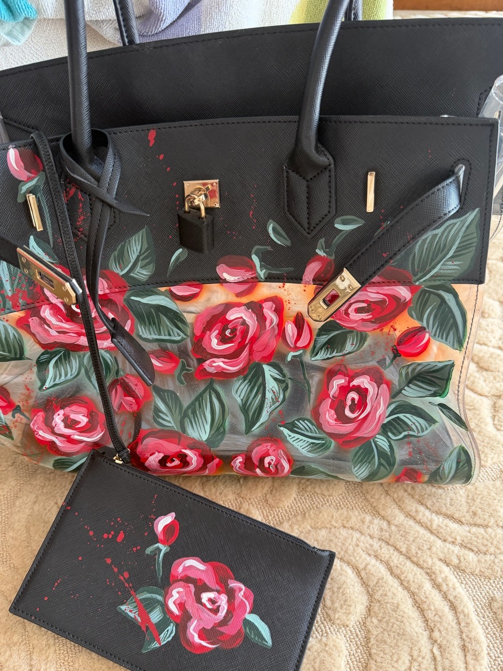 Custom Black Floral Painted Tote w/ Matching Pouch like new birkin style De Vesi